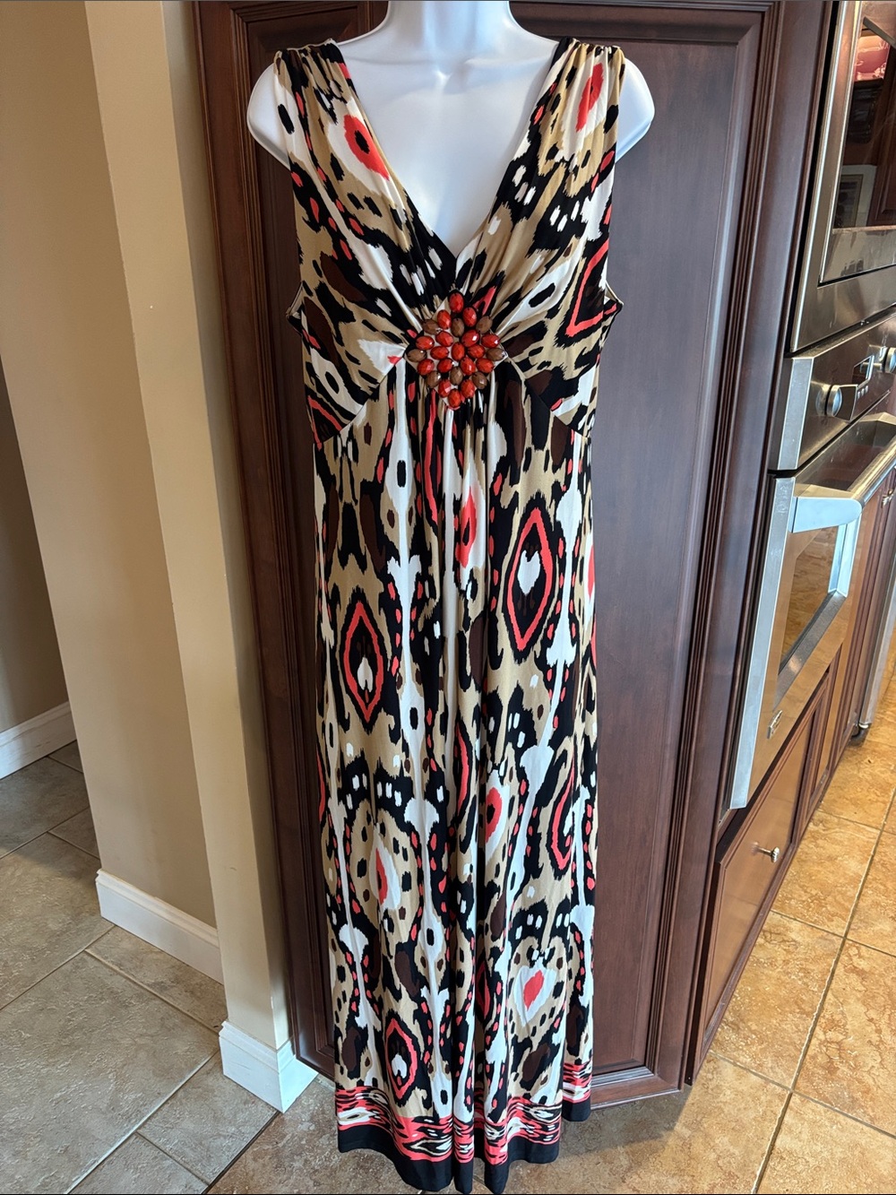 Marc Bouwer Beige, Black & Coral Printed Sleeveless Maxi Dress